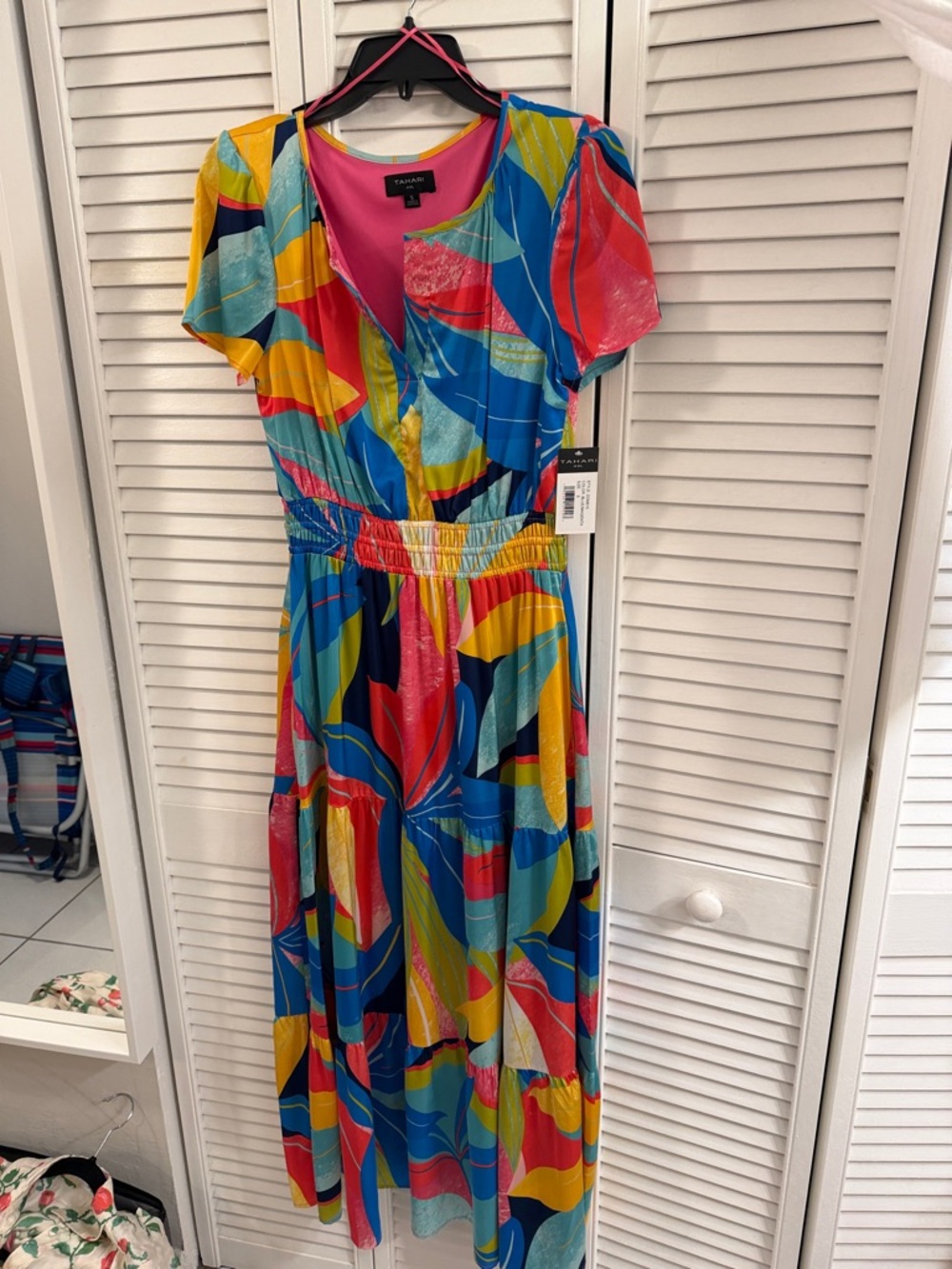 Tahari Bright Abstract V-Neck Maxi Dress in Blue, Pink, Yellow
